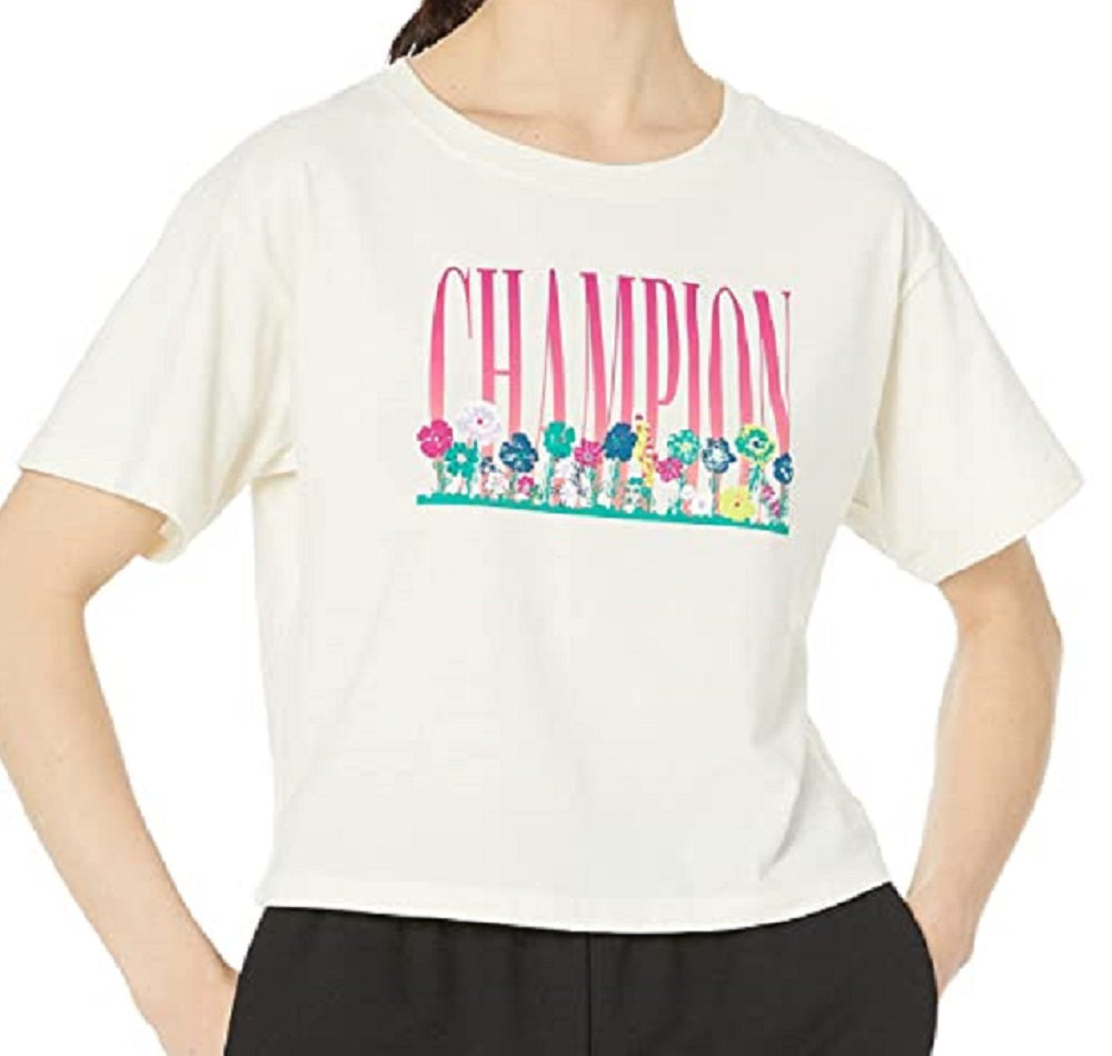 Camiseta curta feminina Champion com estampa floral marrom, tamanho grande