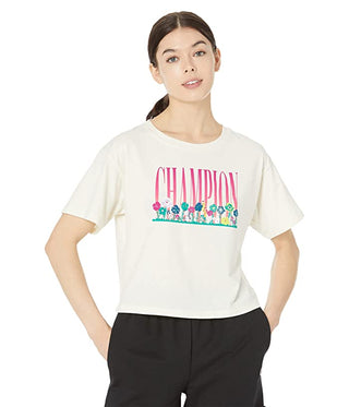 Camiseta curta feminina Champion com estampa floral marrom, tamanho X-G