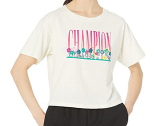Camiseta curta feminina Champion com estampa floral marrom, tamanho X-G