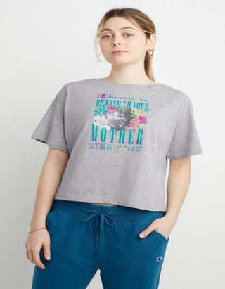 Camiseta feminina Champion Graphic Cropped manga curta cinza tamanho grande