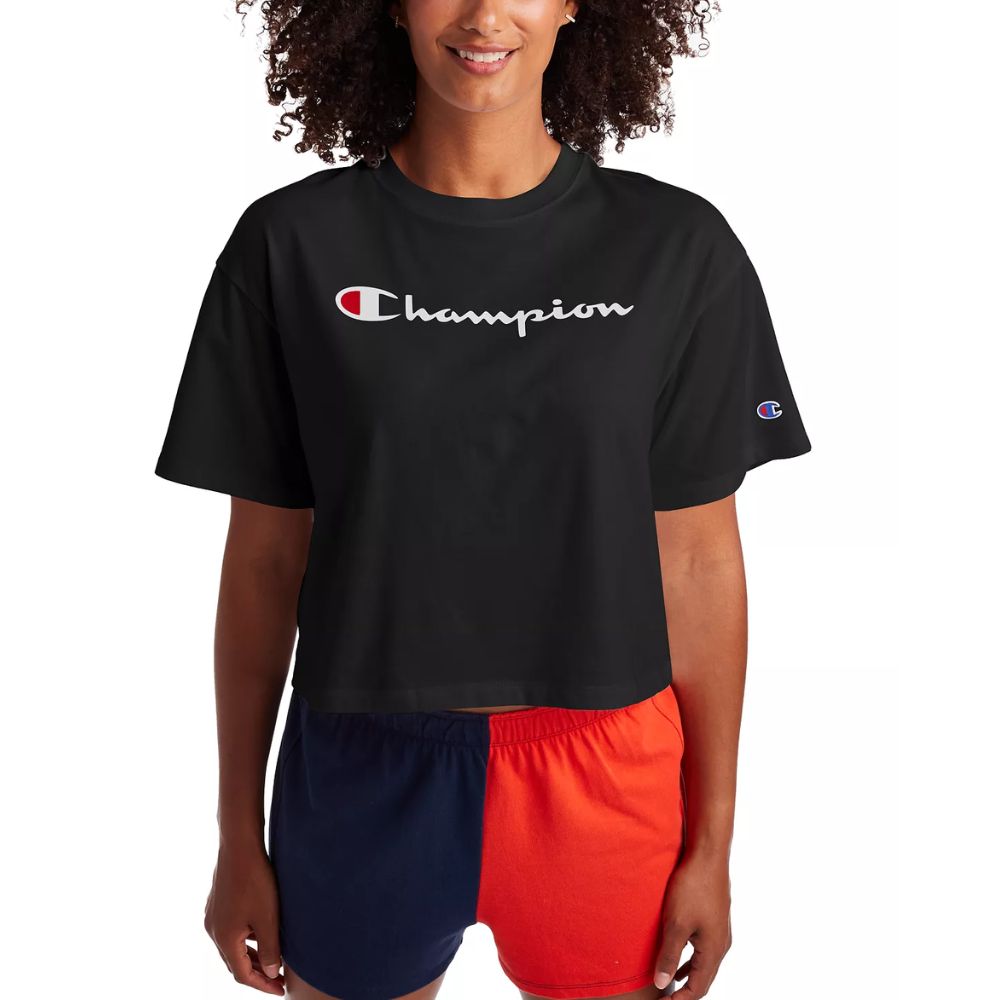 Camiseta curta feminina Champion com logo, preta, tamanho pequeno