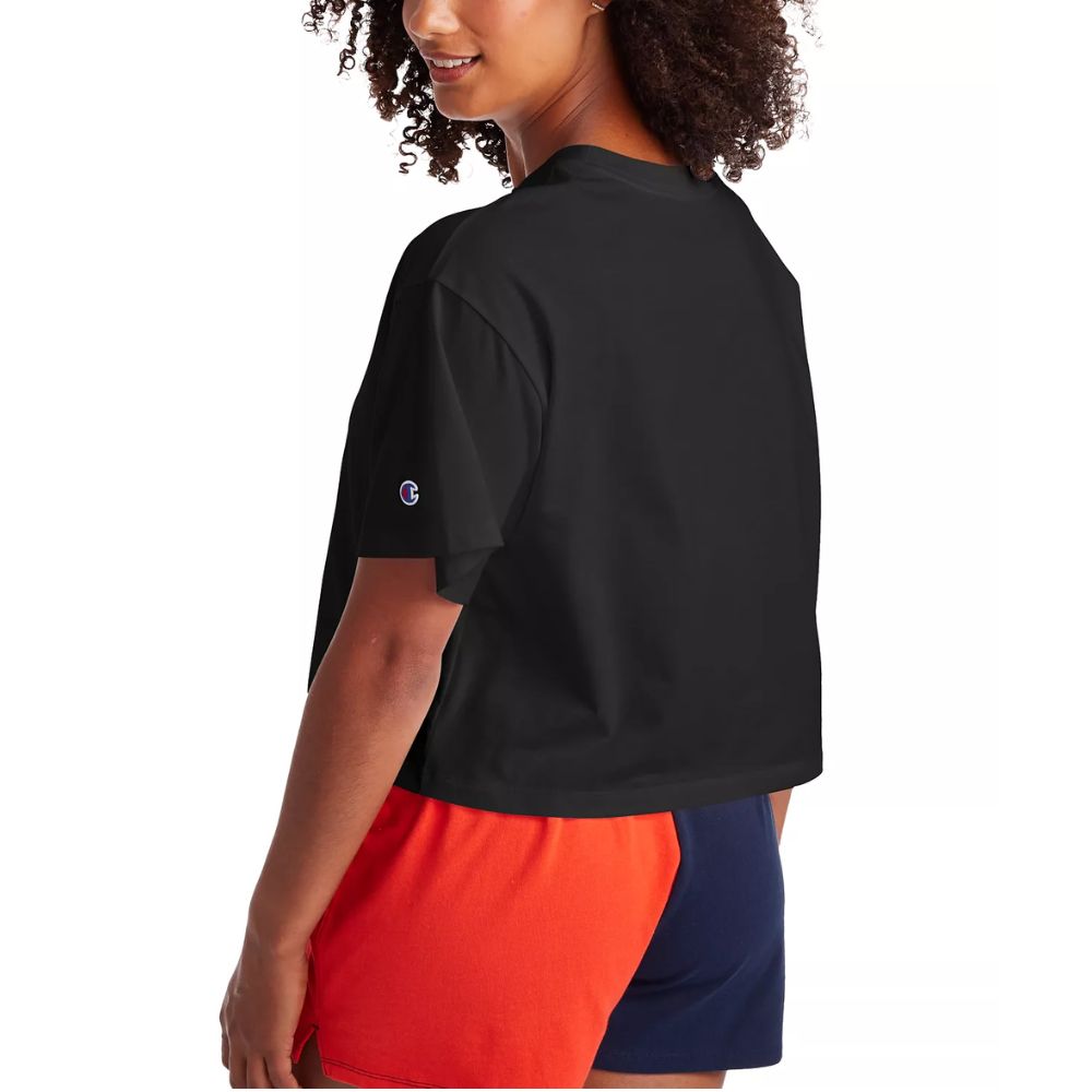 Camiseta curta feminina Champion com logo, preta, tamanho pequeno