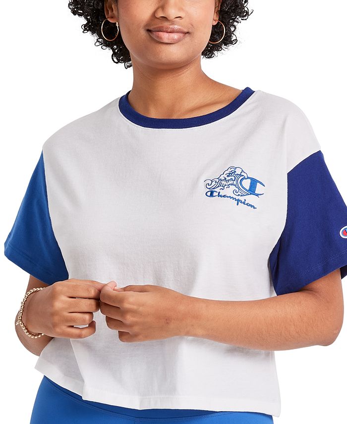 Camiseta cropped feminina Champion Colorblocked, branca, tamanho XX-G