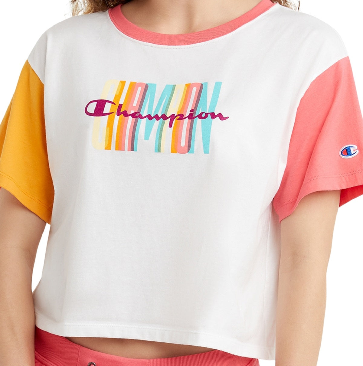 Camiseta cropped feminina Champion Colorblocked, branca, tamanho X-S