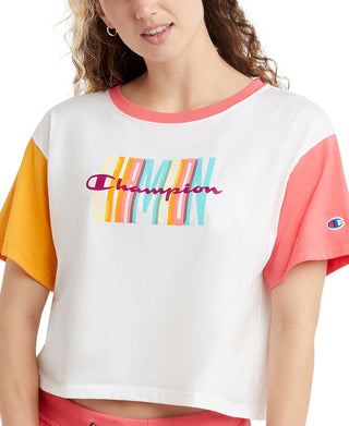 Camiseta cropped feminina Champion Colorblocked, branca, tamanho X-S