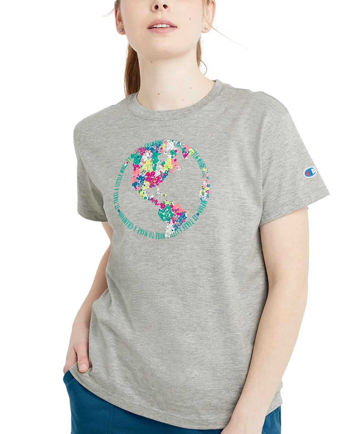 Camiseta Champion Classic Feminina Manga Curta Cinza Tamanho Grande