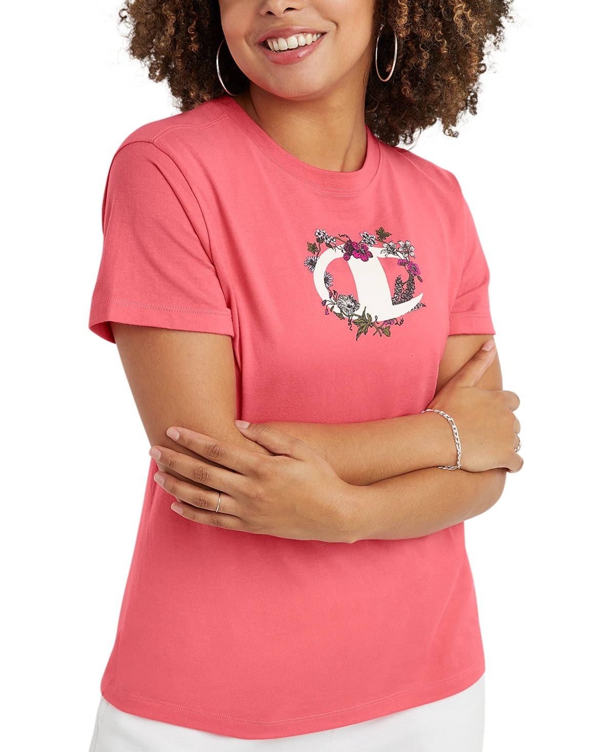 Camiseta clássica com estampa gráfica Champion feminina, rosa, tamanho pequeno