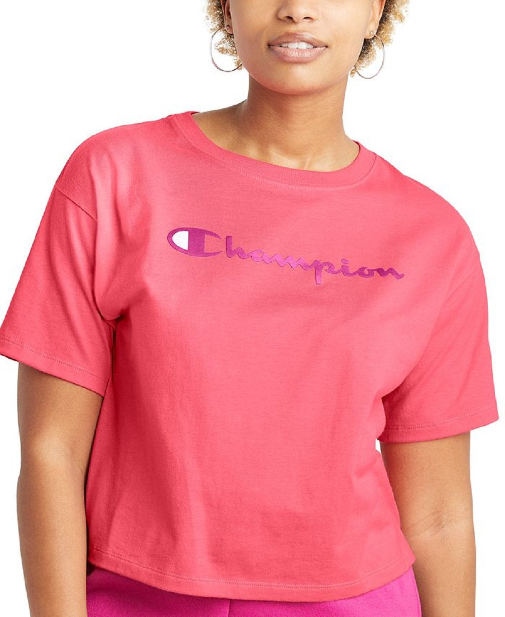 Camiseta curta feminina Champion com logo rosa, tamanho pequeno