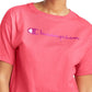 Camiseta curta feminina Champion com logo rosa, tamanho pequeno