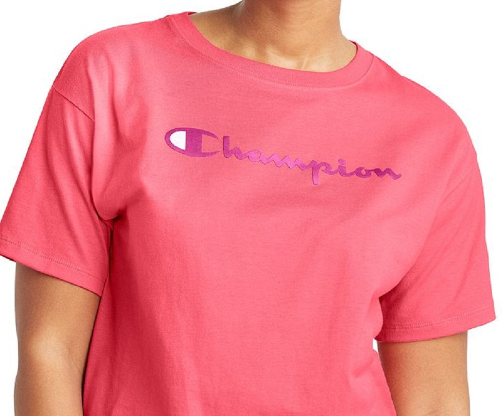 Camiseta curta feminina Champion com logo rosa, tamanho pequeno