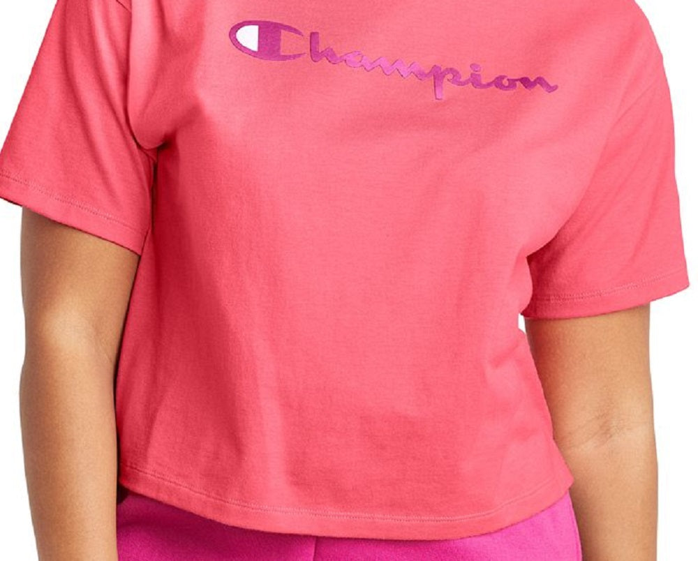 Camiseta curta feminina Champion com logo rosa, tamanho pequeno