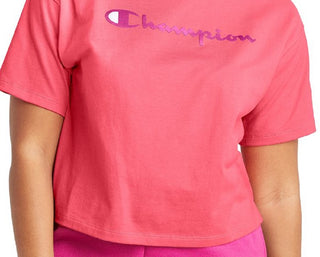 Camiseta curta feminina Champion com logo rosa, tamanho pequeno