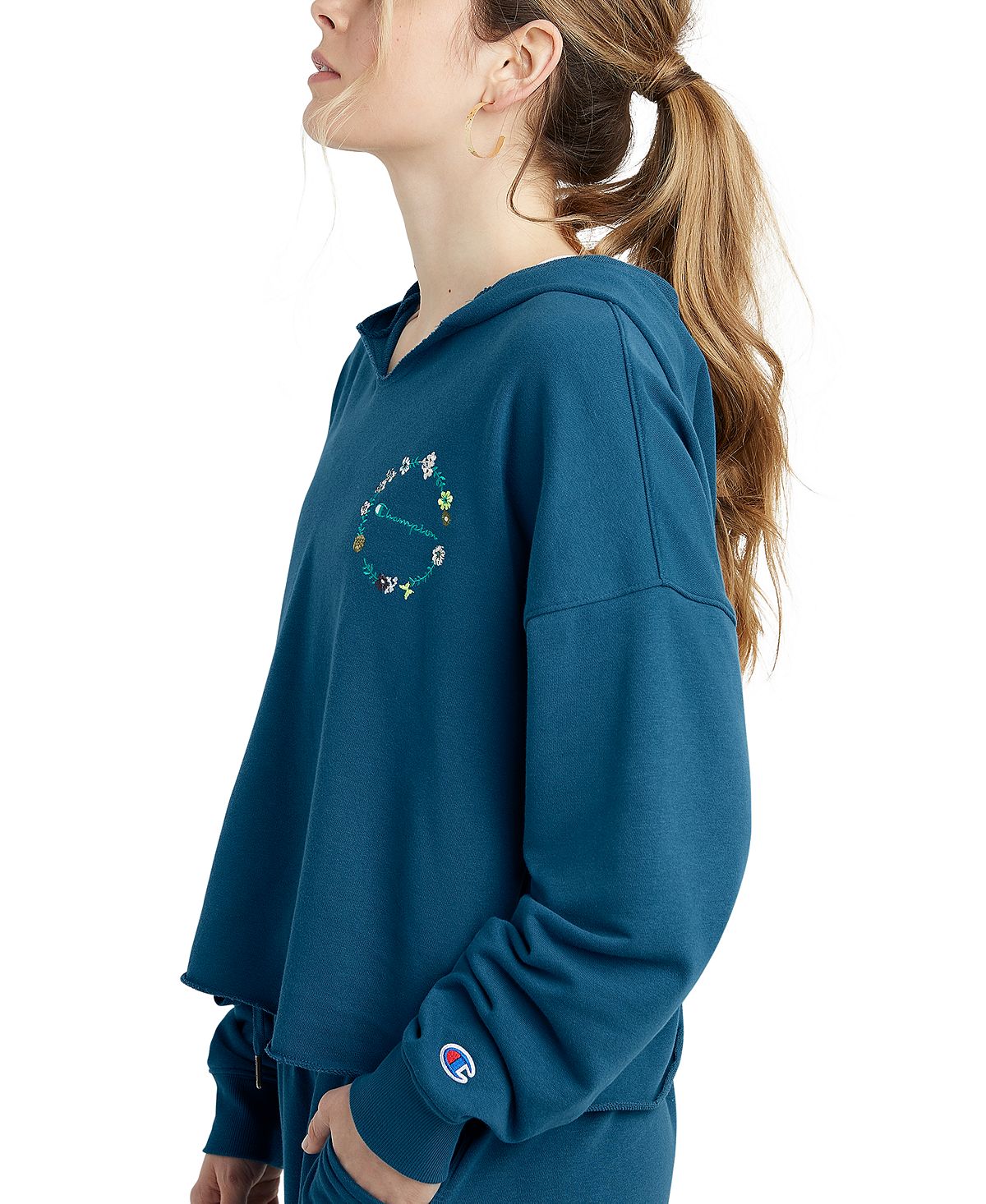 Moletom com capuz Champion Campus French Terry feminino, azul, tamanho X-S