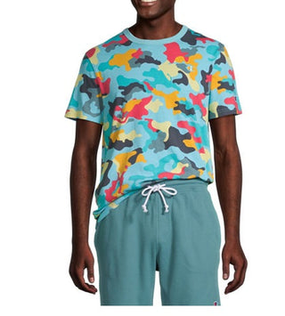Camiseta masculina Champion com estampa camuflada bordada e gola redonda, manga curta, azul, tamanho grande