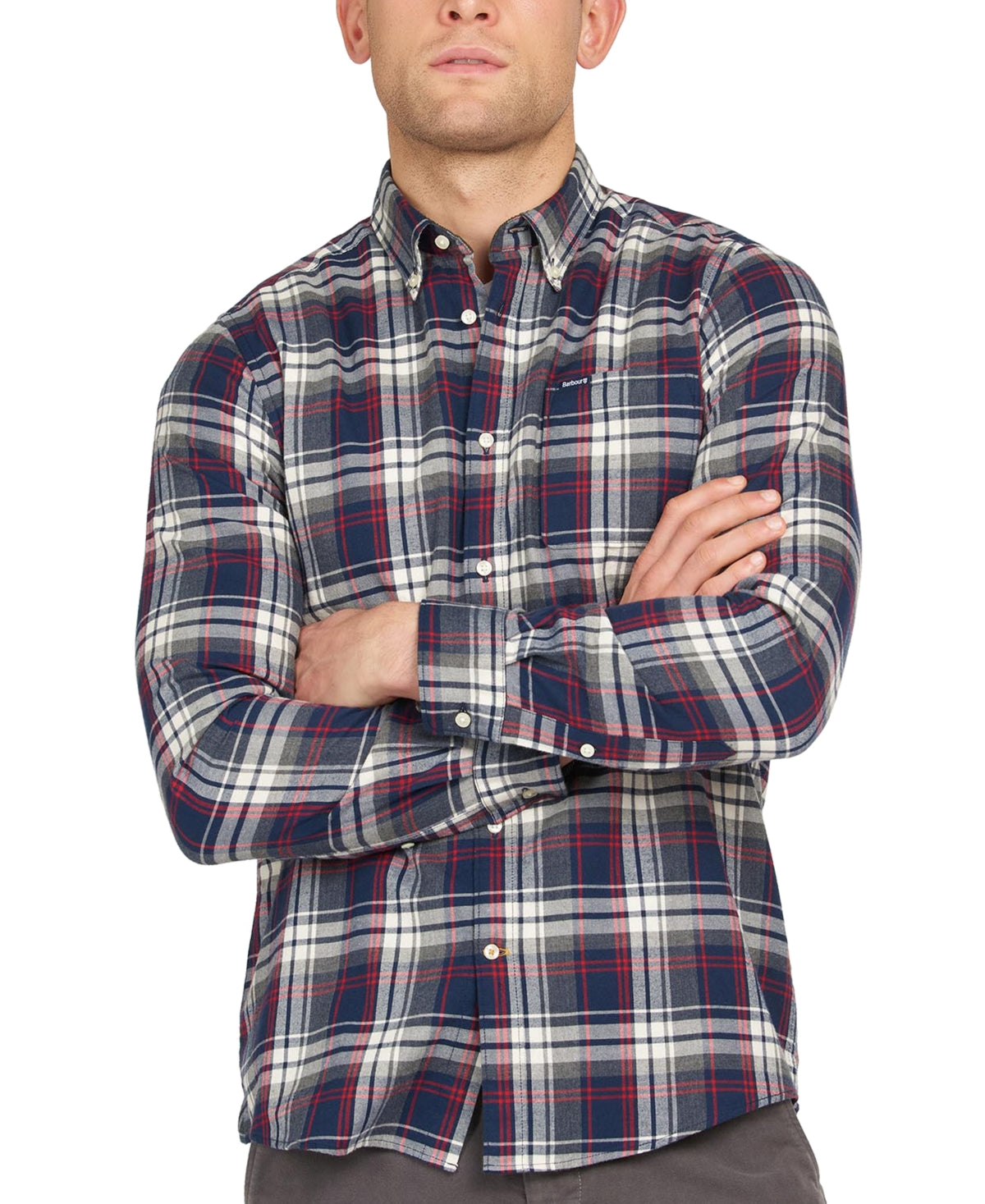 Camisa de flanela xadrez com botões Barbour masculina, tamanho grande, azul