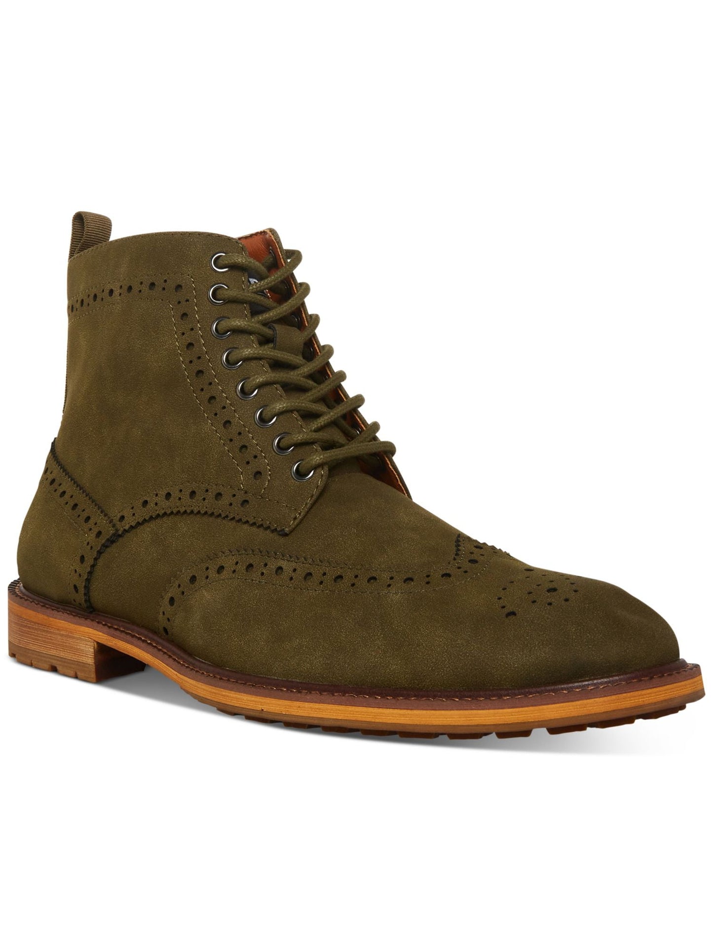 Botas Steve Madden Brogue Masculinas com Detalhe de Cadarço na Frente, Salto com Puxador, Acolchoado, Remppr, Biqueira Asa, Salto Bloco e Zíper, Verde