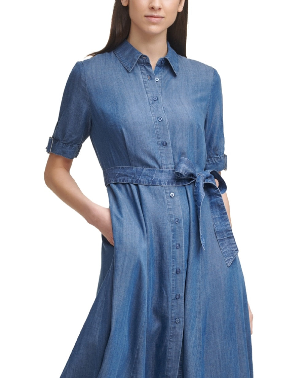 Calvin Klein Vestido-camisa midi jeans com cinto feminino azul tamanho 16