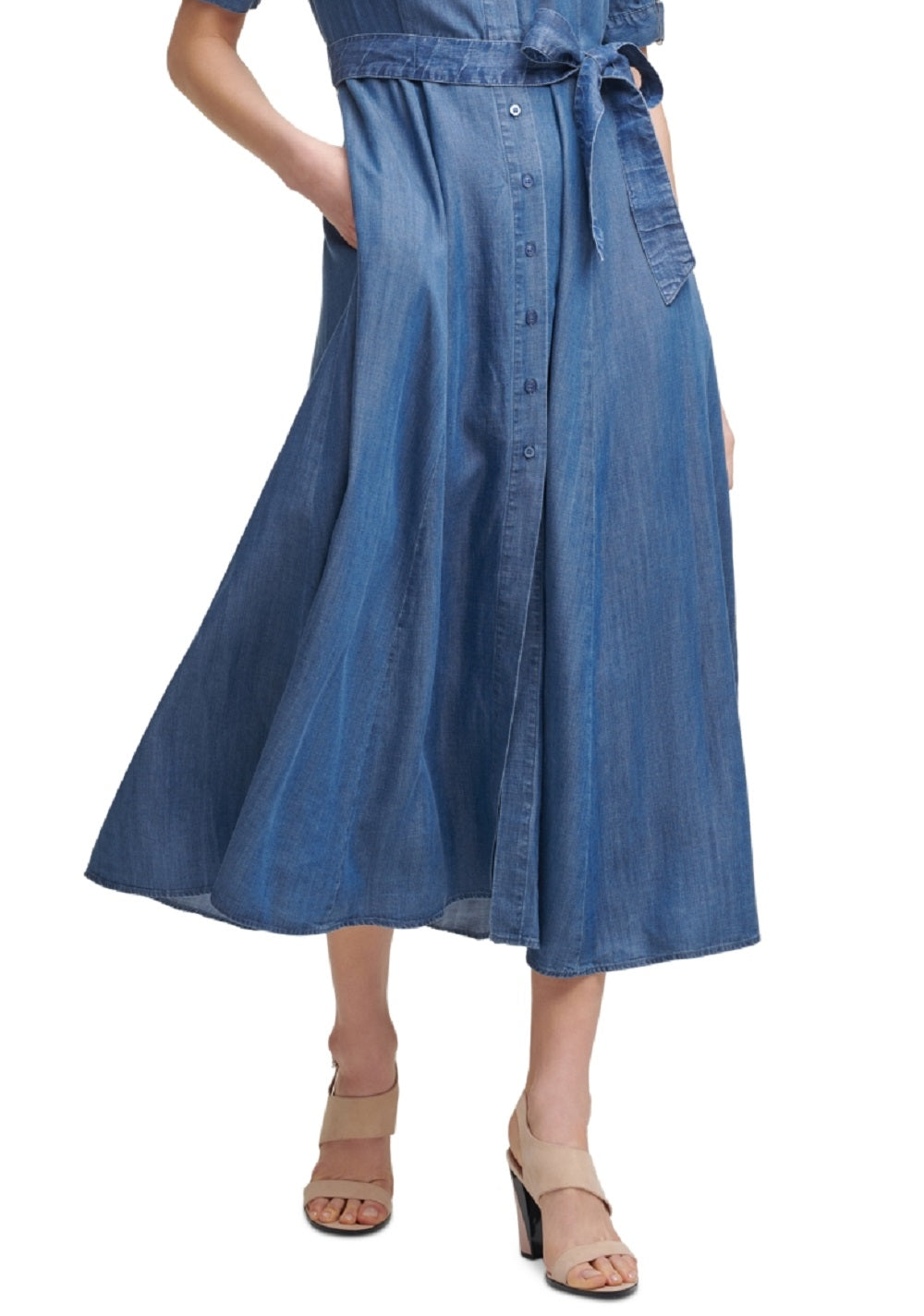 Calvin Klein Vestido-camisa midi jeans com cinto feminino azul tamanho 16