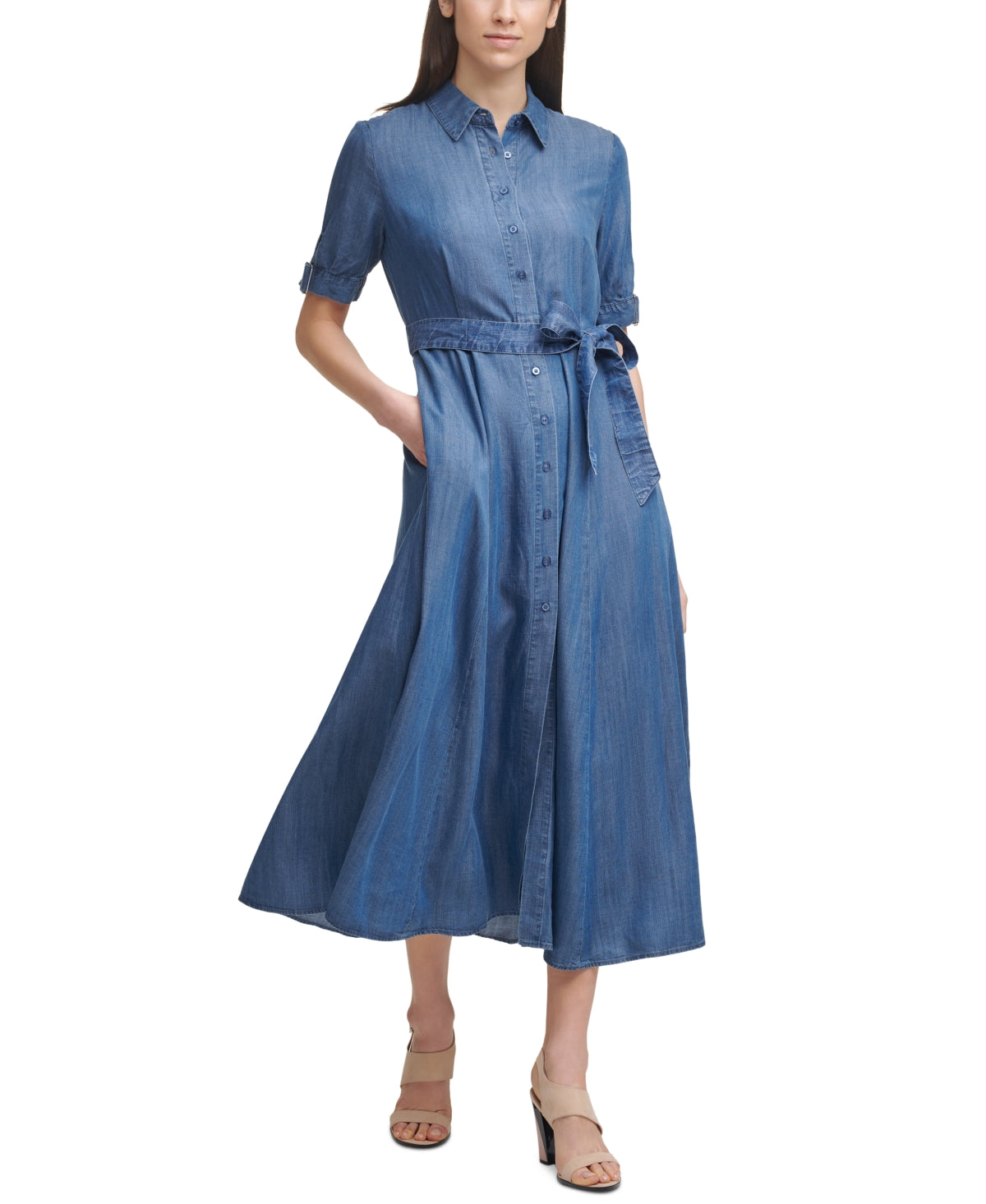 Calvin Klein Vestido-camisa midi jeans com cinto feminino azul tamanho 16
