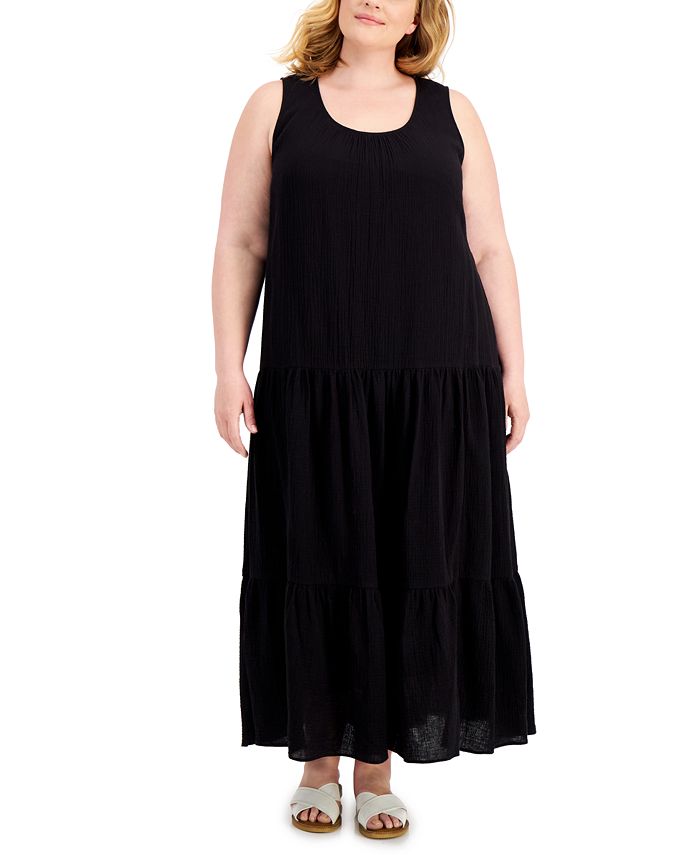 Vestido longo de algodão texturizado Calvin Klein feminino, preto, tamanho 2X