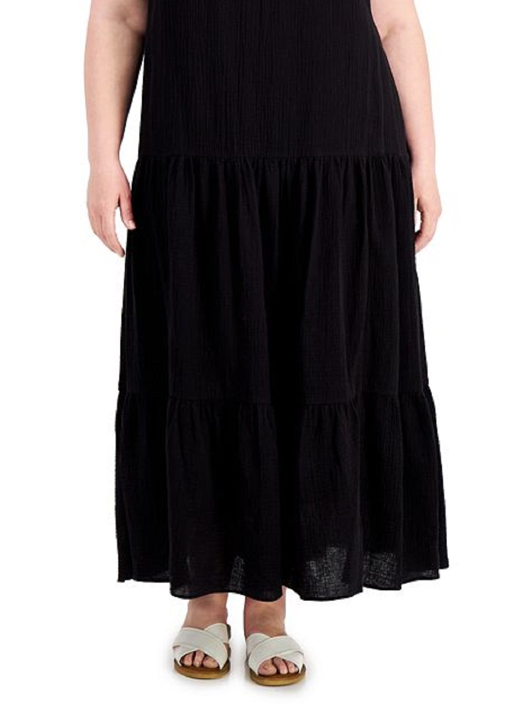 Vestido longo de algodão texturizado Calvin Klein feminino, preto, tamanho 2X