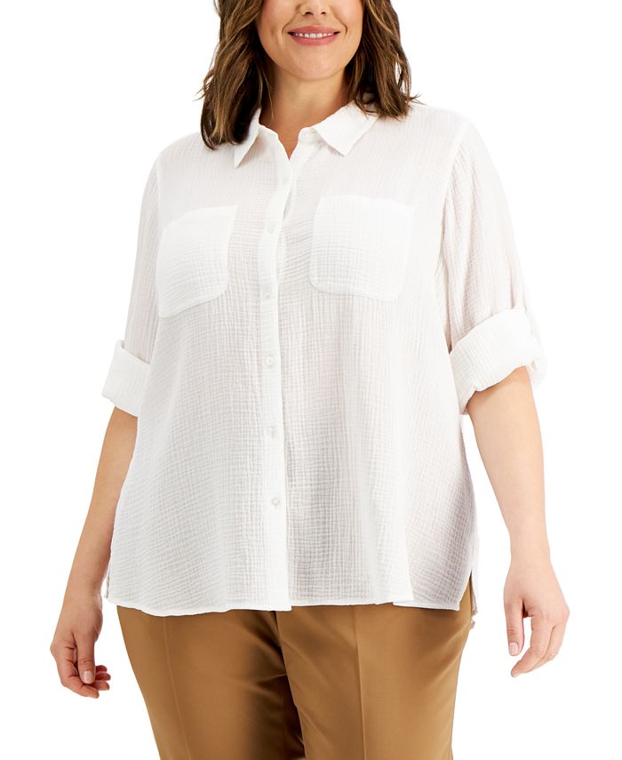 Blusa Calvin Klein Feminina Lisa com Botões, Branca, Tamanho 3X