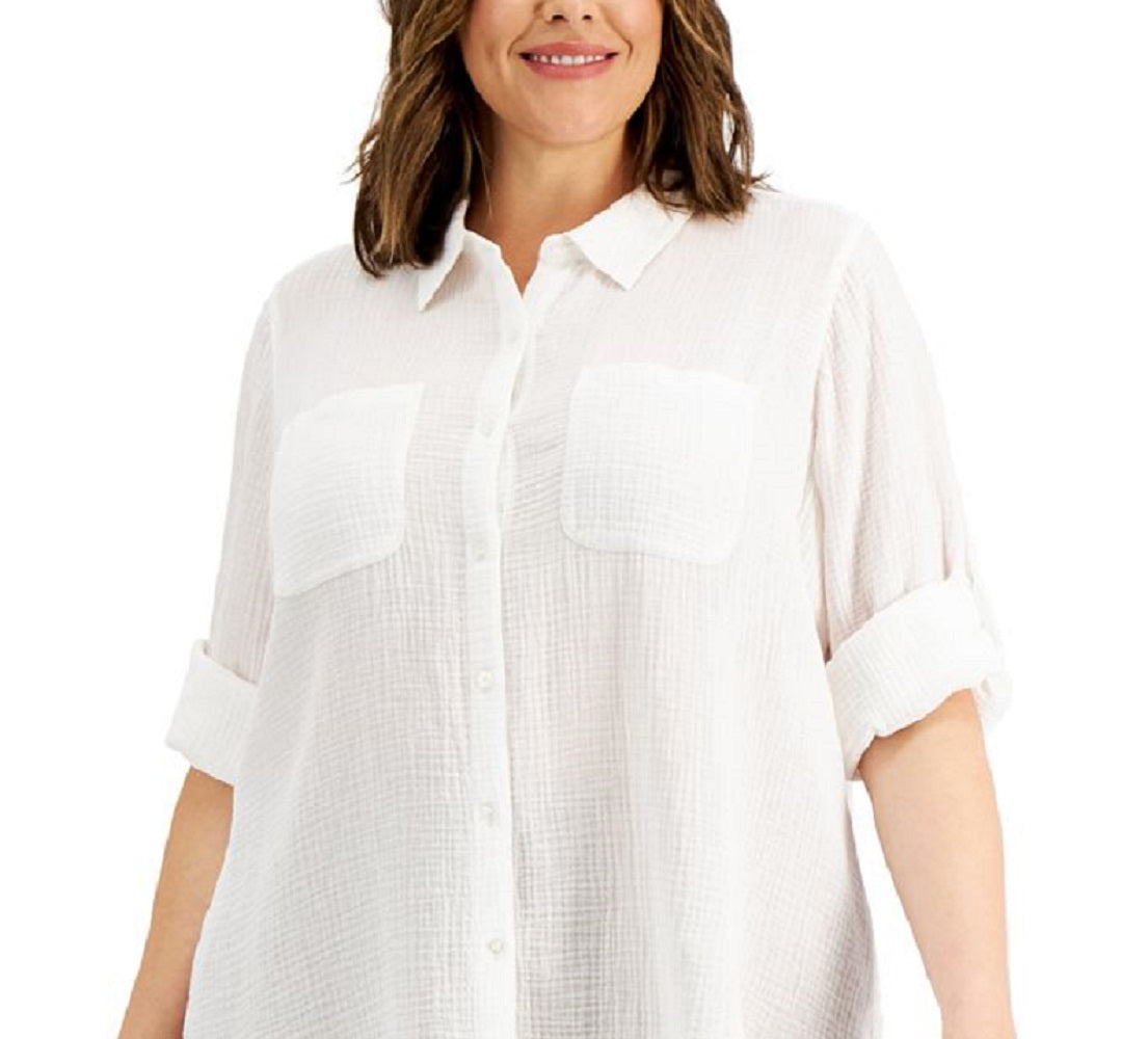 Blusa Calvin Klein Feminina Lisa com Botões, Branca, Tamanho 3X