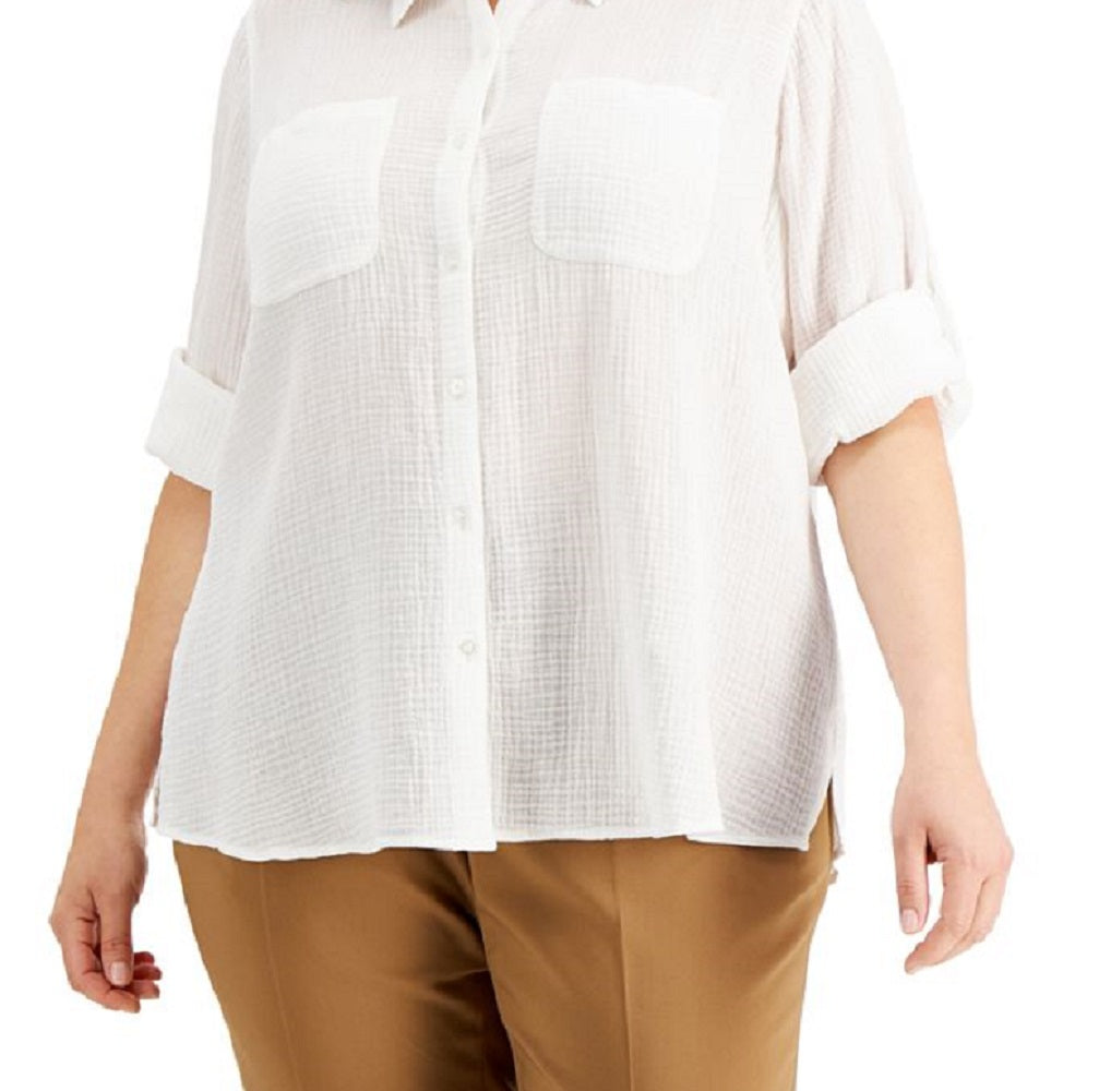 Blusa Calvin Klein Feminina Lisa com Botões, Branca, Tamanho 3X