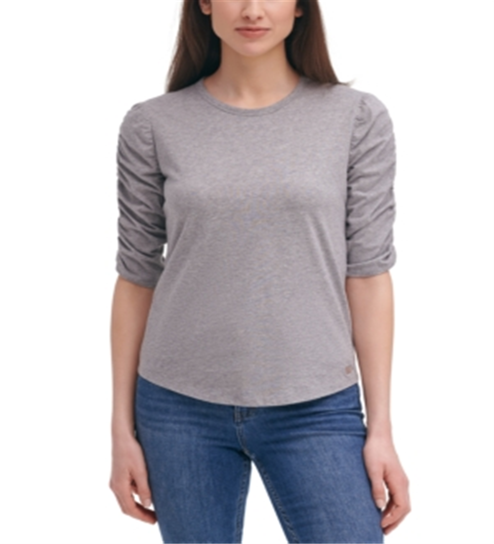 Blusa Calvin Klein Feminina de Algodão com Mangas Franzidas Cinza Tamanho Médio