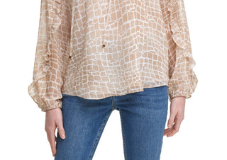 Blusa Calvin Klein Feminina Estampada Manga Longa com Babados Marrom Tamanho X-G