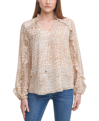 Blusa Calvin Klein Feminina Estampada Manga Longa com Babados Marrom Tamanho X-G