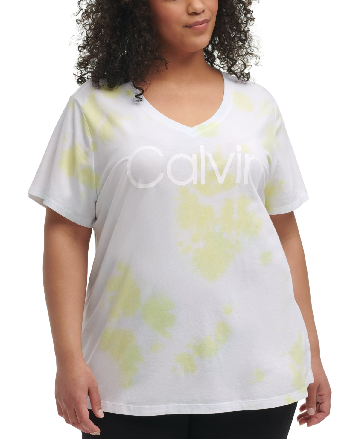 Camiseta Calvin Klein Feminina Stretch Manga Curta Gola V Amarela Tamanho 2X