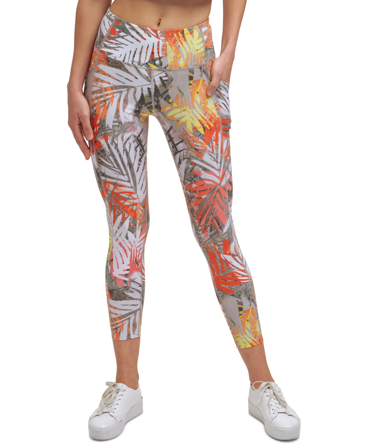 Calça legging feminina estampada de cintura alta, marrom, tamanho grande