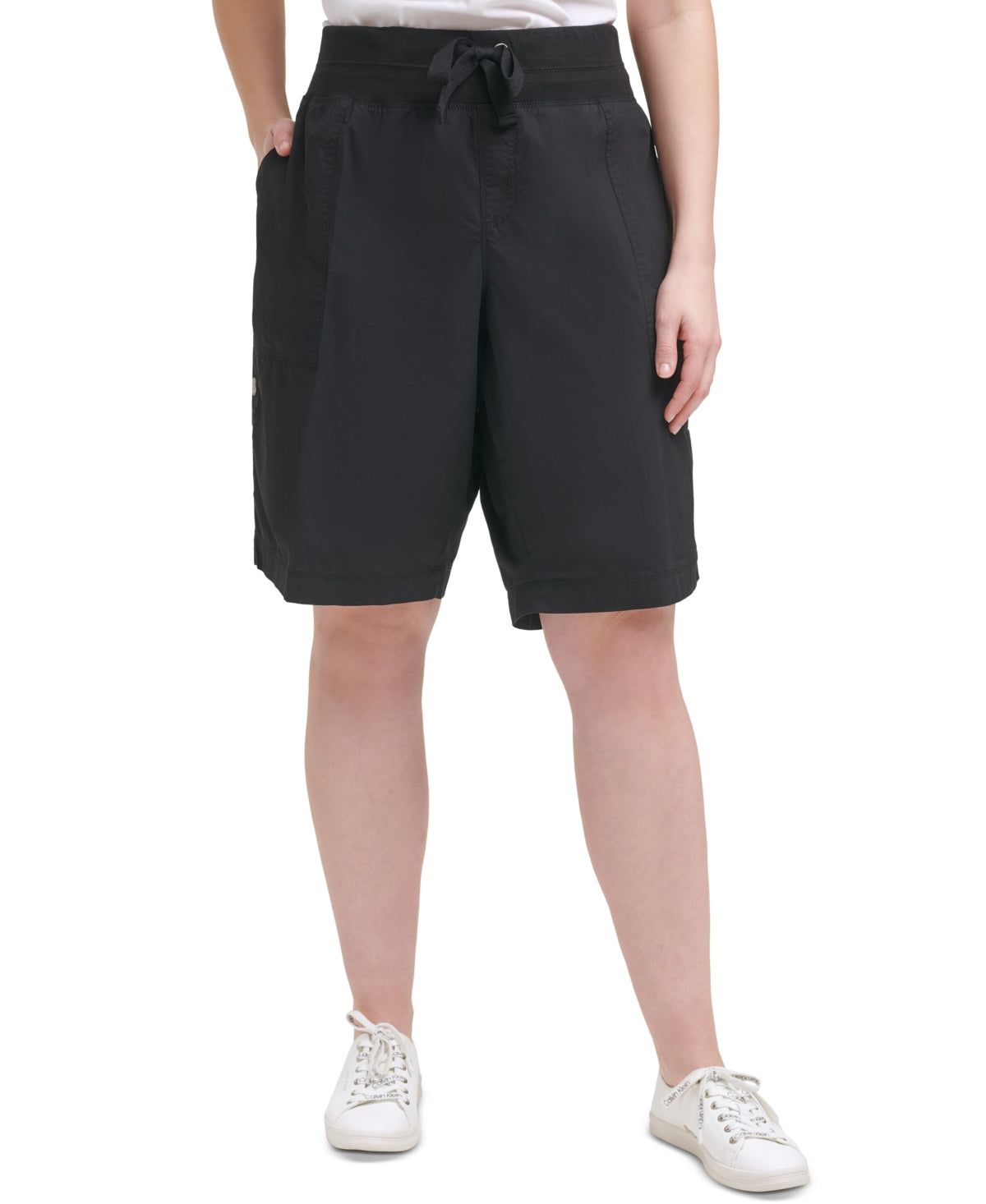 Bermuda conversível Calvin Klein feminina com bolso e gravata, preta, tamanho 3X
