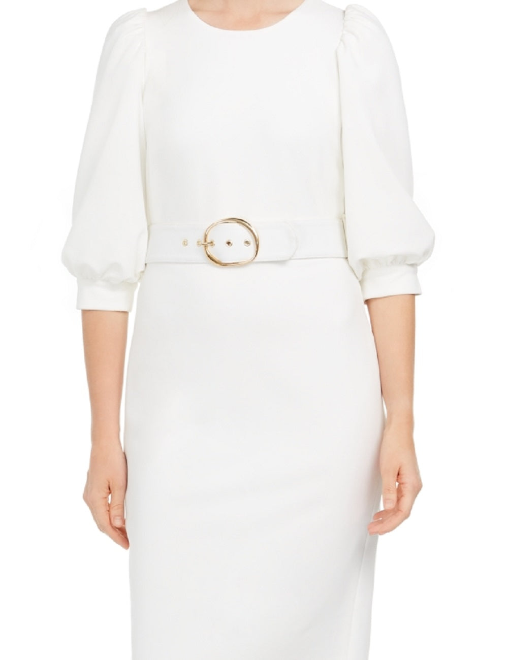 Vestido Calvin Klein Feminino Manga Balão Cinto Bainha Branco Tamanho 8
