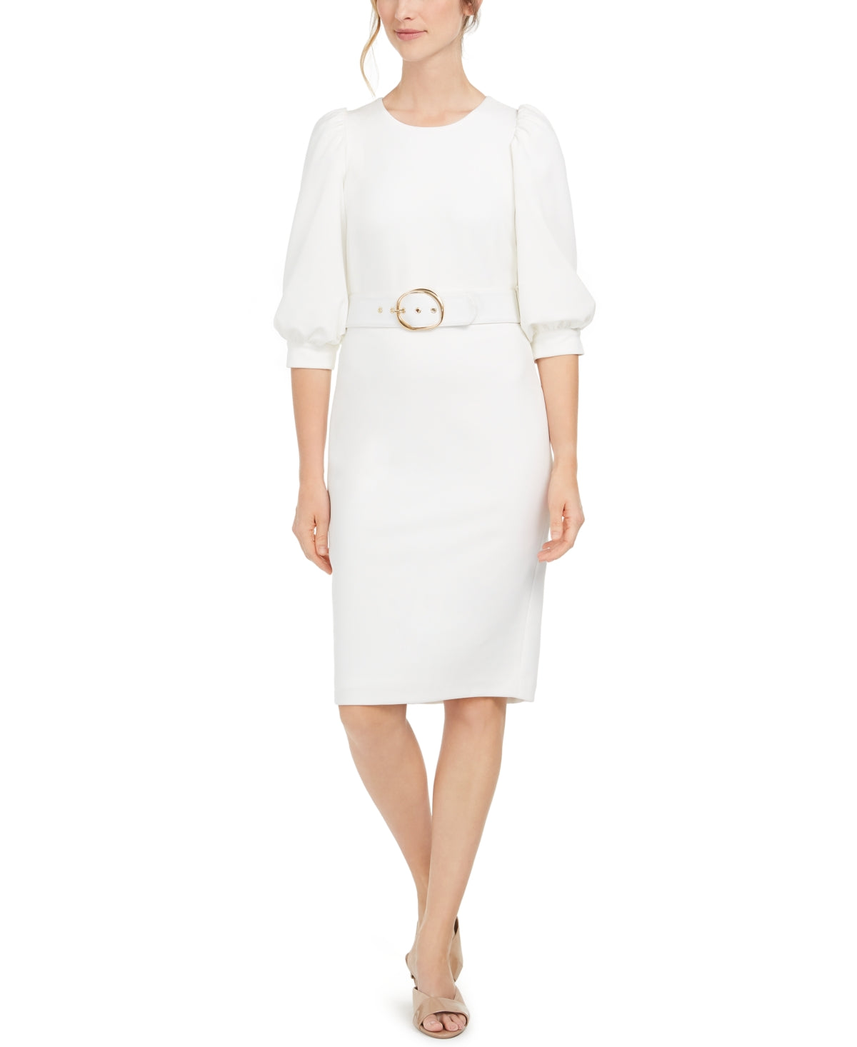 Vestido Calvin Klein Feminino Manga Balão Cinto Bainha Branco Tamanho 8