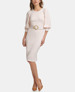 Calvin Klein Women's Balloon Sleeve Belted Sheath Dress Pink Size 4