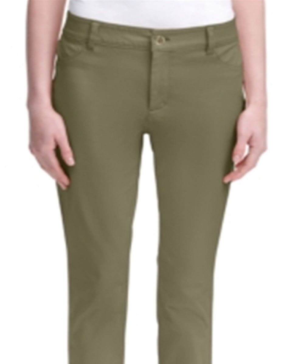 Calça feminina Calvin Klein Stretch com zíper e bolsos, cintura média, justa, perna reta, verde, tamanho 12