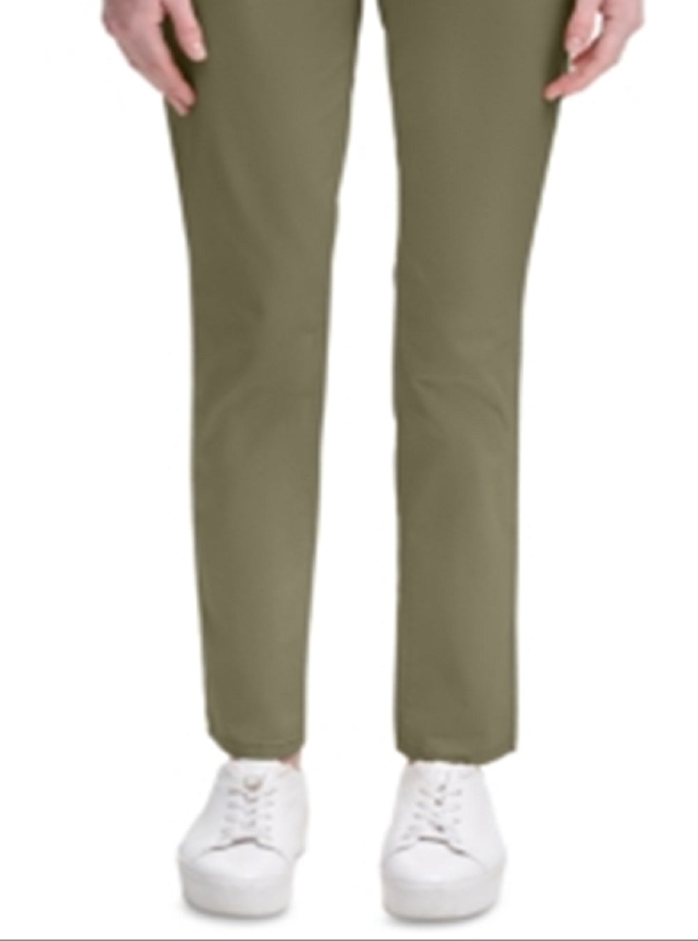 Calça feminina Calvin Klein Stretch com zíper e bolsos, cintura média, justa, perna reta, verde, tamanho 12