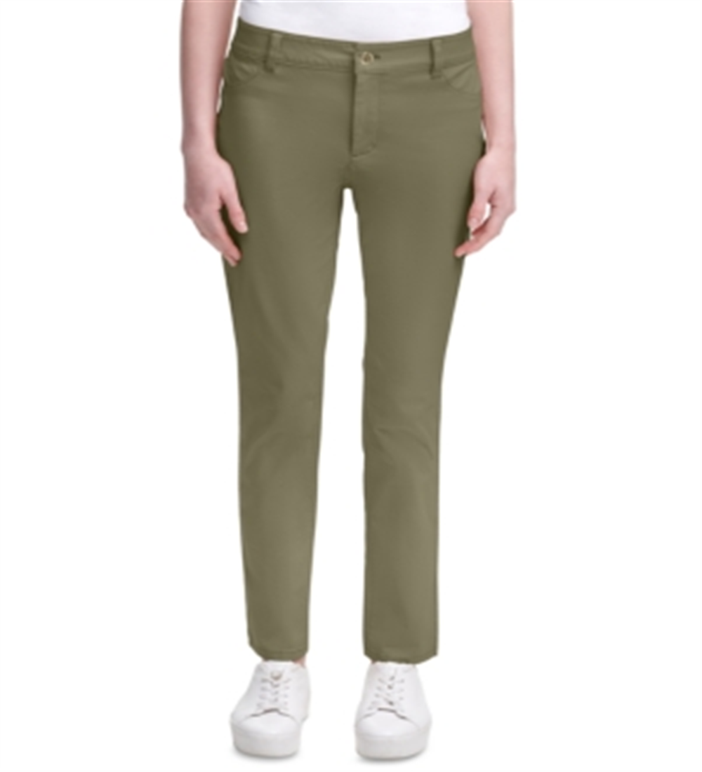 Calça feminina Calvin Klein Stretch com zíper e bolsos, cintura média, justa, perna reta, verde, tamanho 12