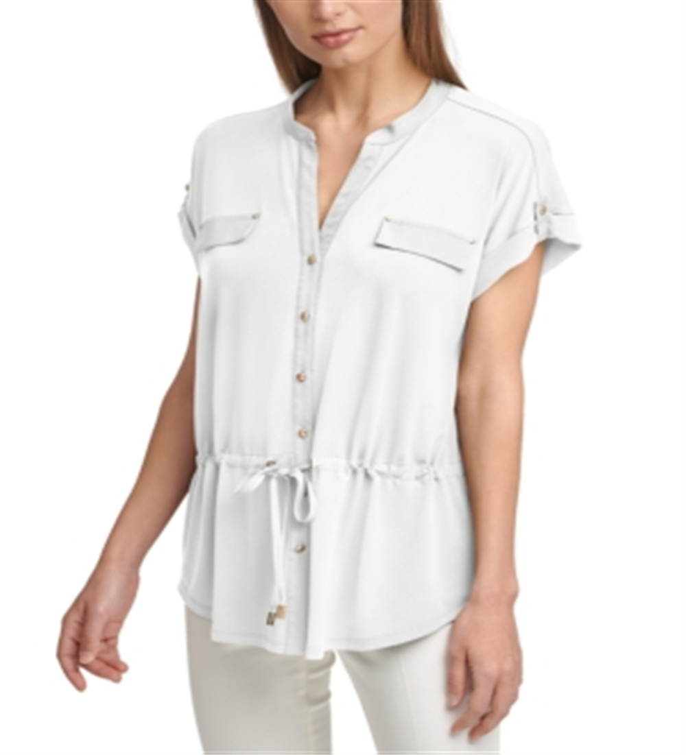 Blusa Calvin Klein Feminina com Botões Frontais e Acabamento Contrastado, Branca, Tamanho X-G