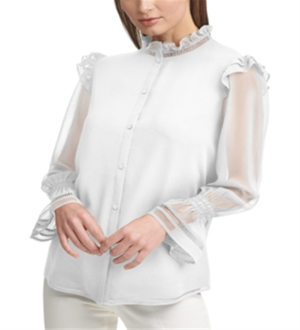 Blusa Calvin Klein Feminina Chiffon com Babados, Branca, Tamanho Grande