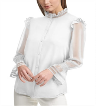 Blusa Calvin Klein Feminina Chiffon com Babados, Branca, Tamanho Grande