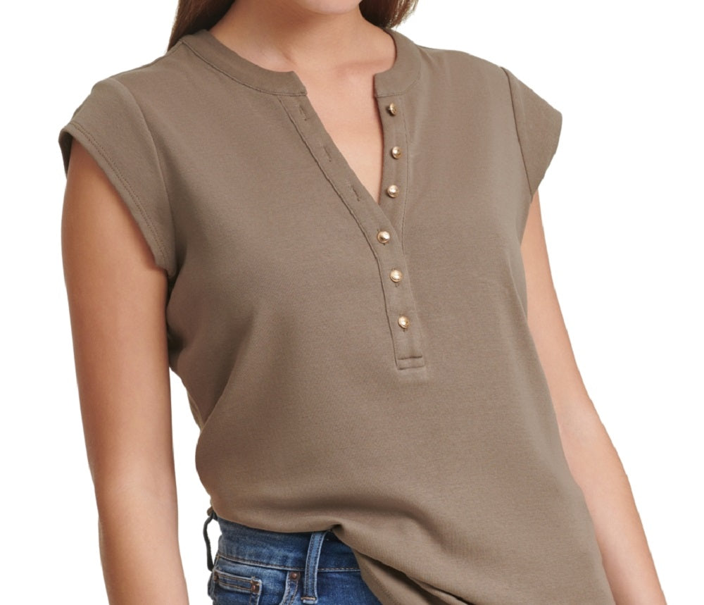 Calvin Klein Feminino Manga Curta Henley Verde Tamanho X-G