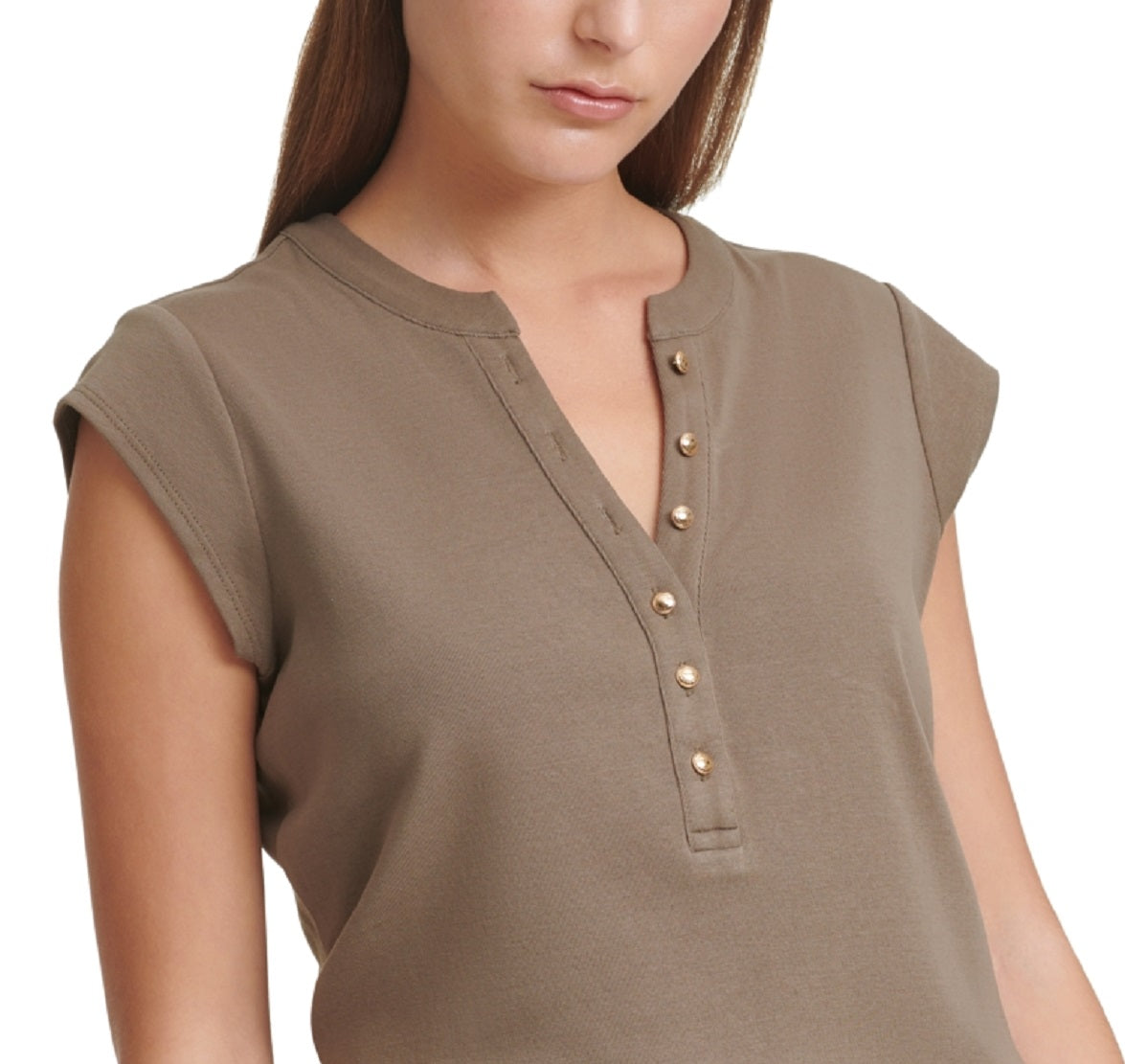 Calvin Klein Feminino Manga Curta Henley Verde Tamanho P