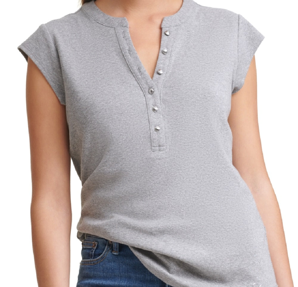 Calvin Klein Manga Curta Henley Cinza Feminino Tamanho Grande