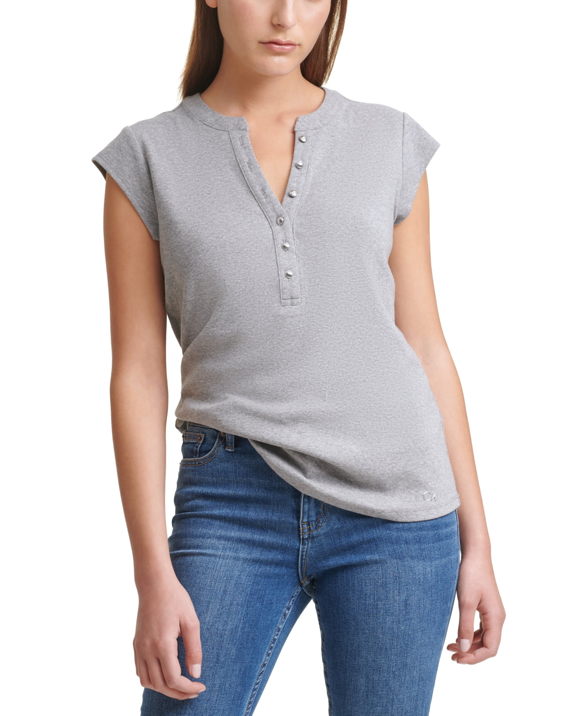 Calvin Klein Manga Curta Feminina Henley Cinza Tamanho Médio