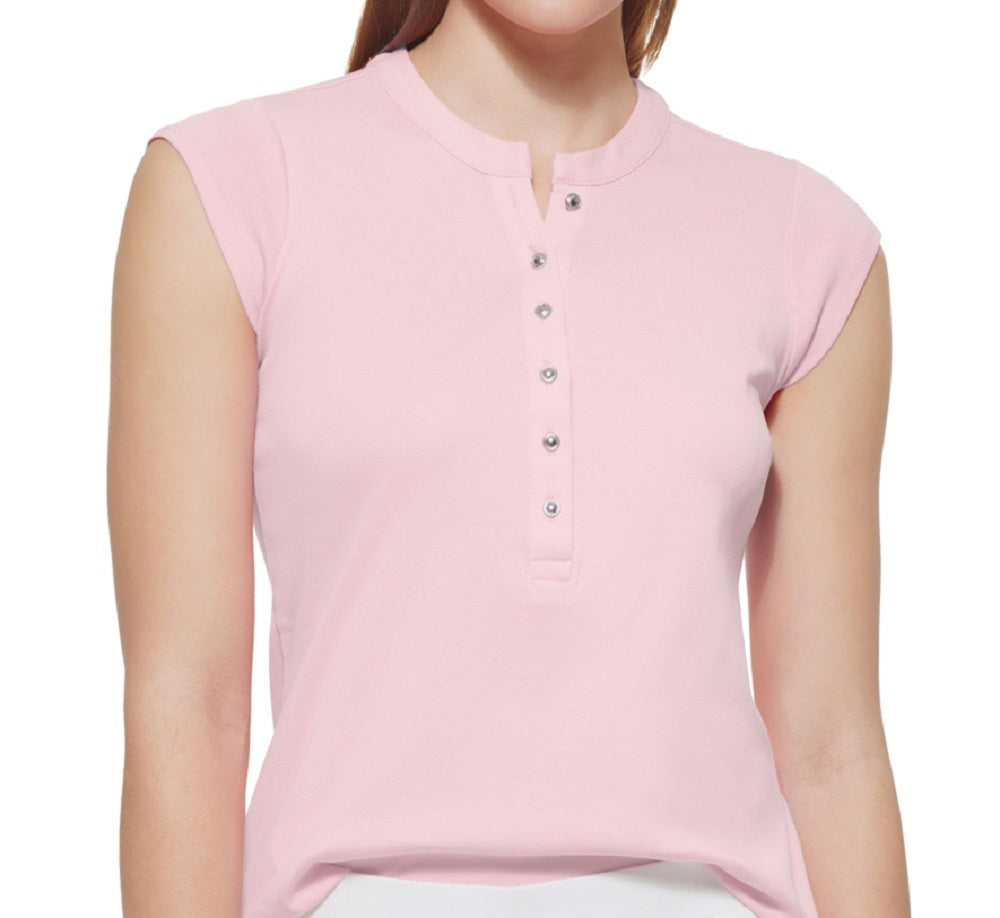 Calvin Klein Feminino Manga Curta Henley Rosa Tamanho X-G