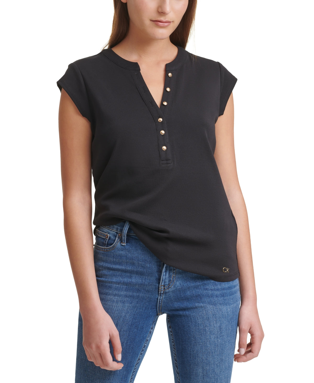 Calvin Klein Feminino Manga Curta Henley Preto Tamanho Médio