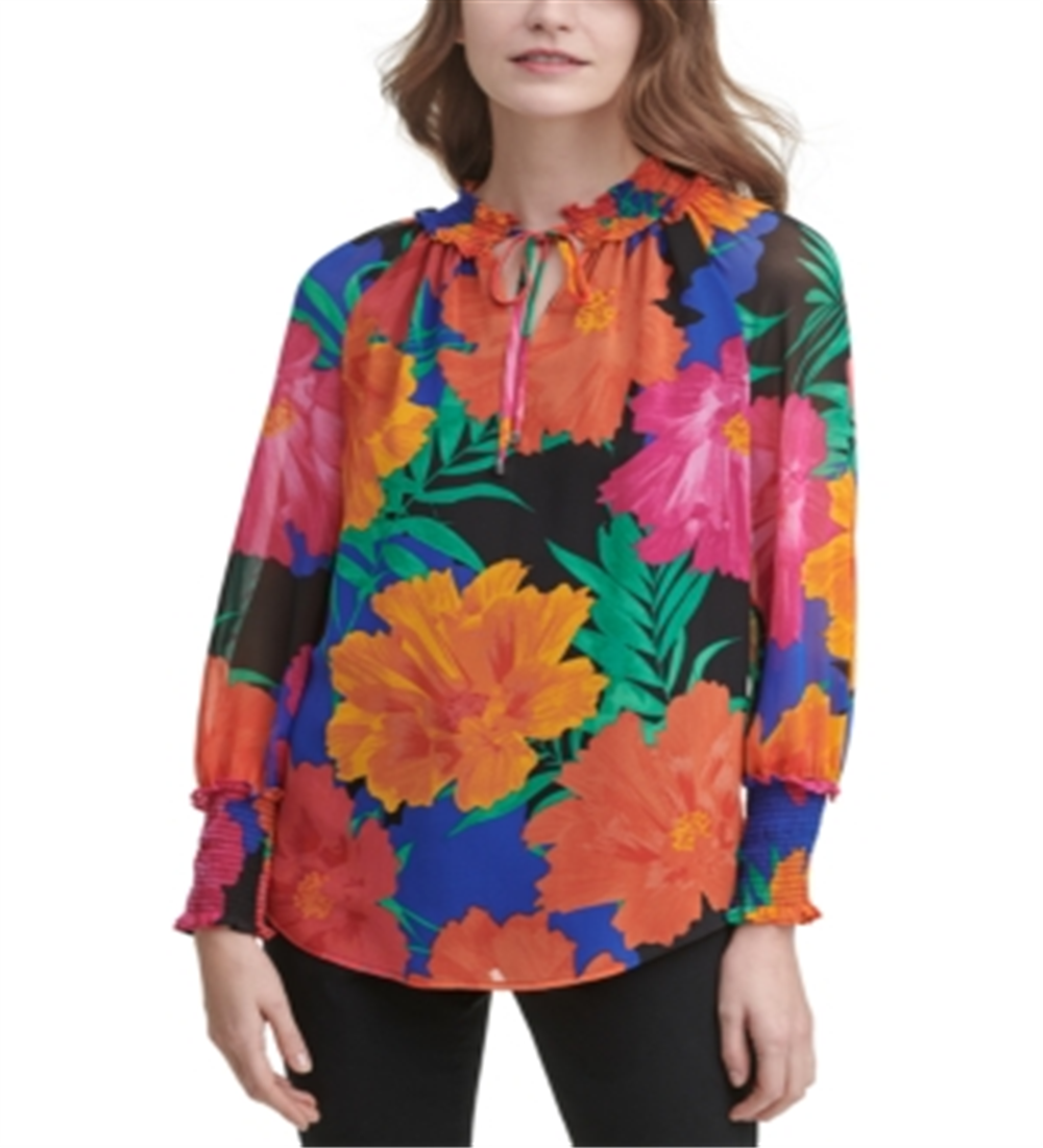 Blusa Calvin Klein Feminina Estampada com Amarração no Pescoço, Preta, Tamanho Grande